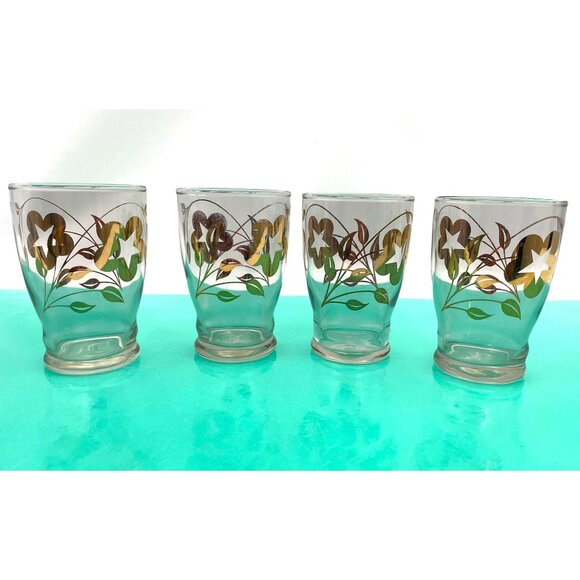 Vintage MCM glass tumblers, Dominion glass, gold flowers MCM glassware, set of 4 - Picture 2 of 7